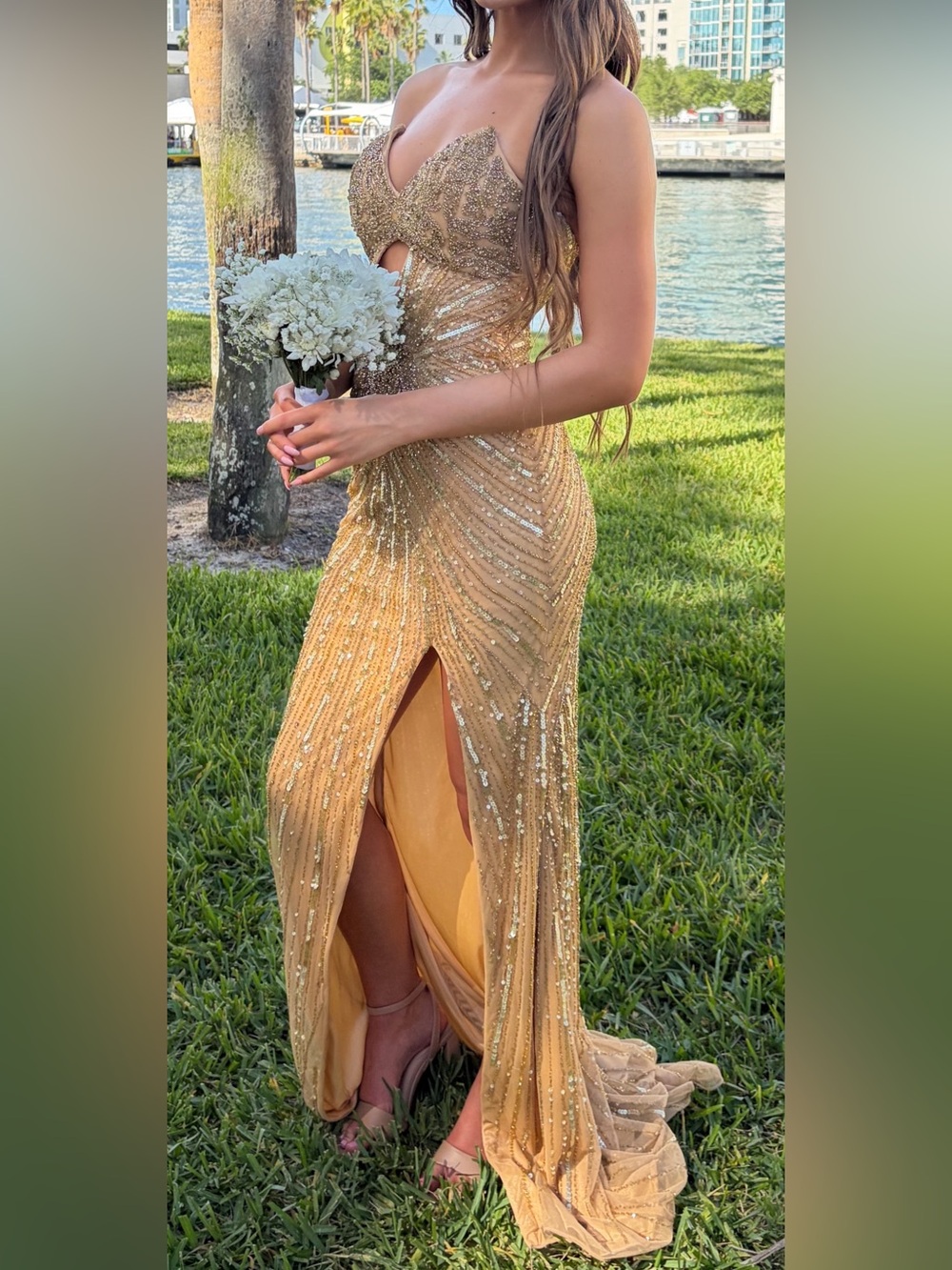 Primavera Couture Gold Sequin Evening Gown with Front Slit